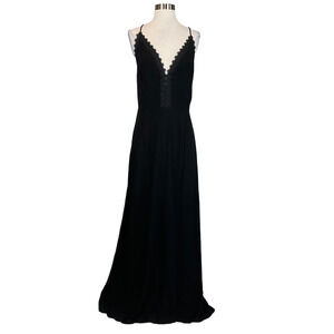 AQUA Backless Lace Trim Long A-Line Evening Gown Black Size 6 Medium Dress